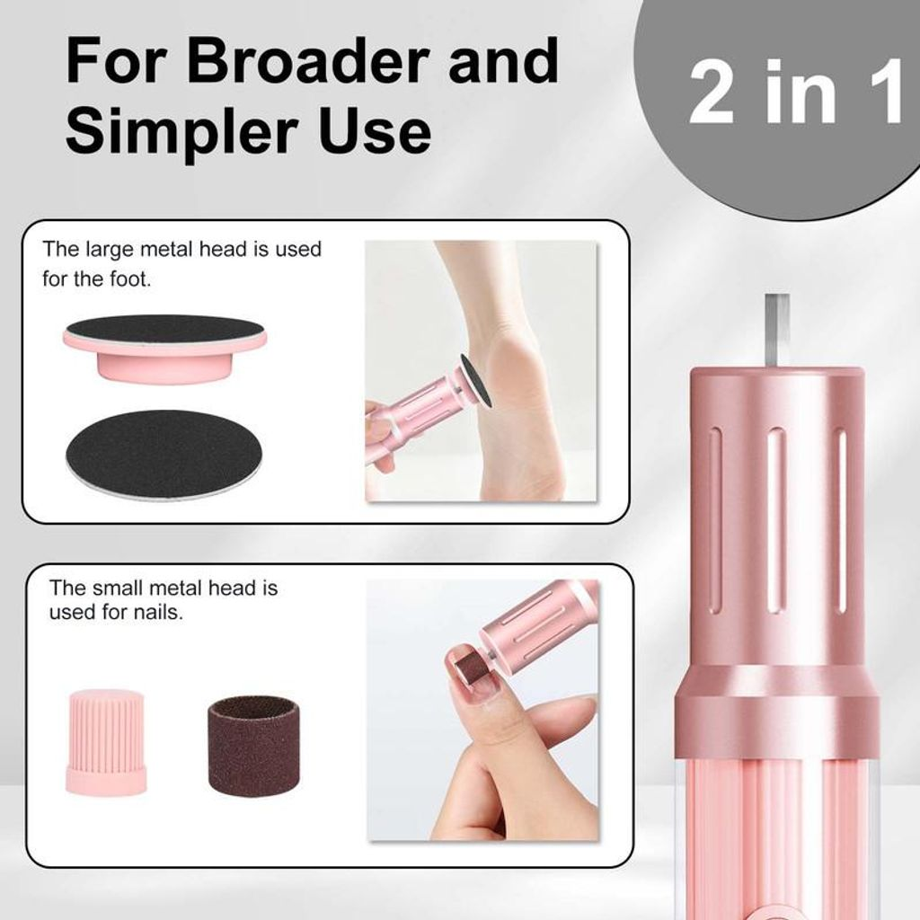 Ein rosa Nagelhobel mit Aufsätzen für Füße und Nägel. 2-in-1-Gerät.