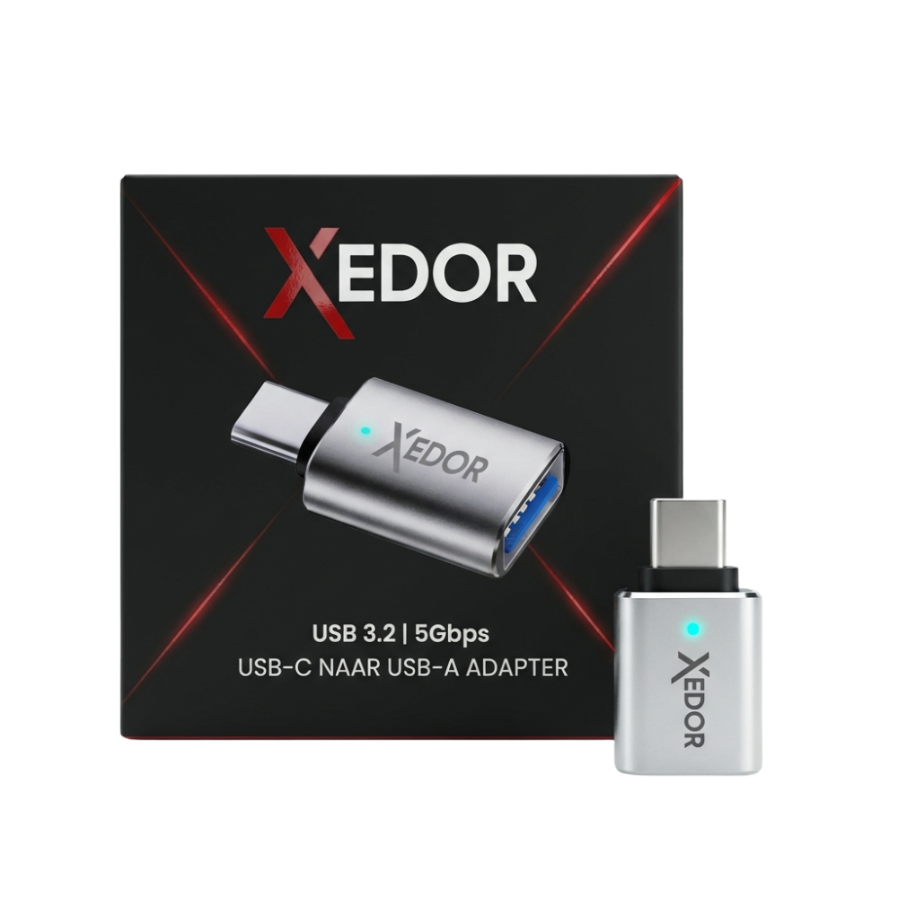Silver Xedor USB-C to USB-A adapter next to its box.