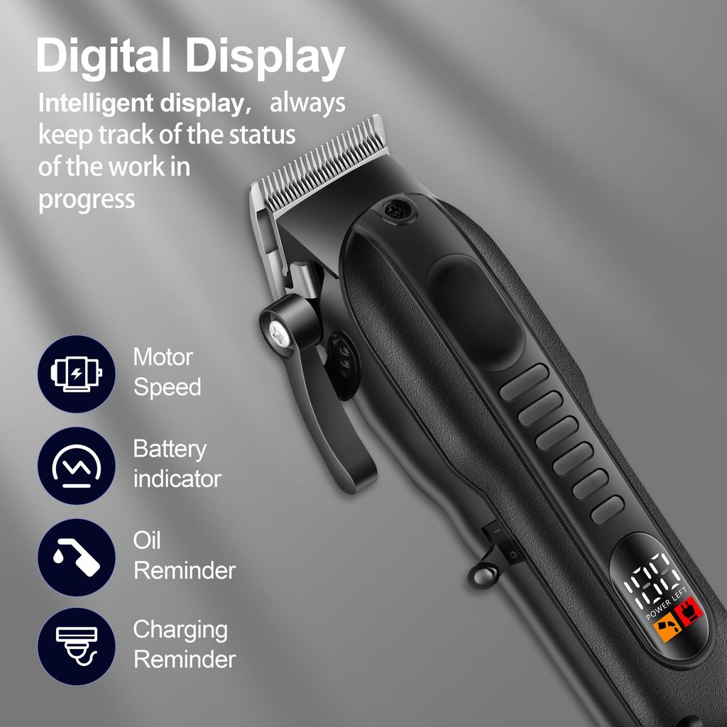 Ein schwarzer Haarschneider mit digitaler Anzeige für Motor, Akku und Öl.