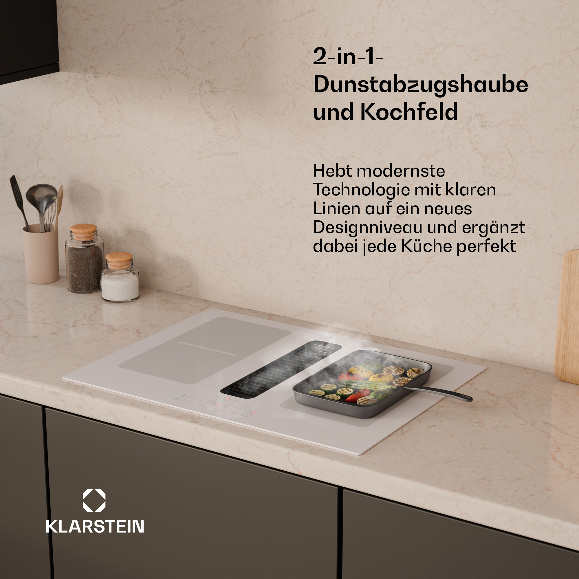 Ein weißes Induktionskochfeld mit integriertem Dunstabzug, auf dem Gemüse gebraten wird.