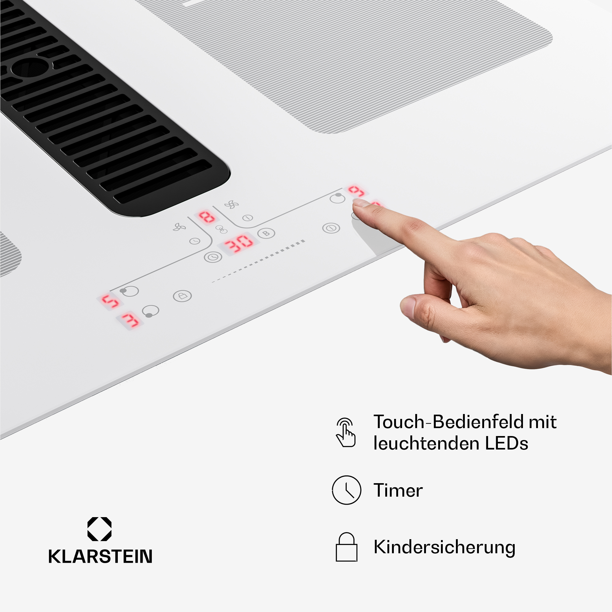 Hand berührt Touchscreen mit roten LEDs. Klarstein Logo.