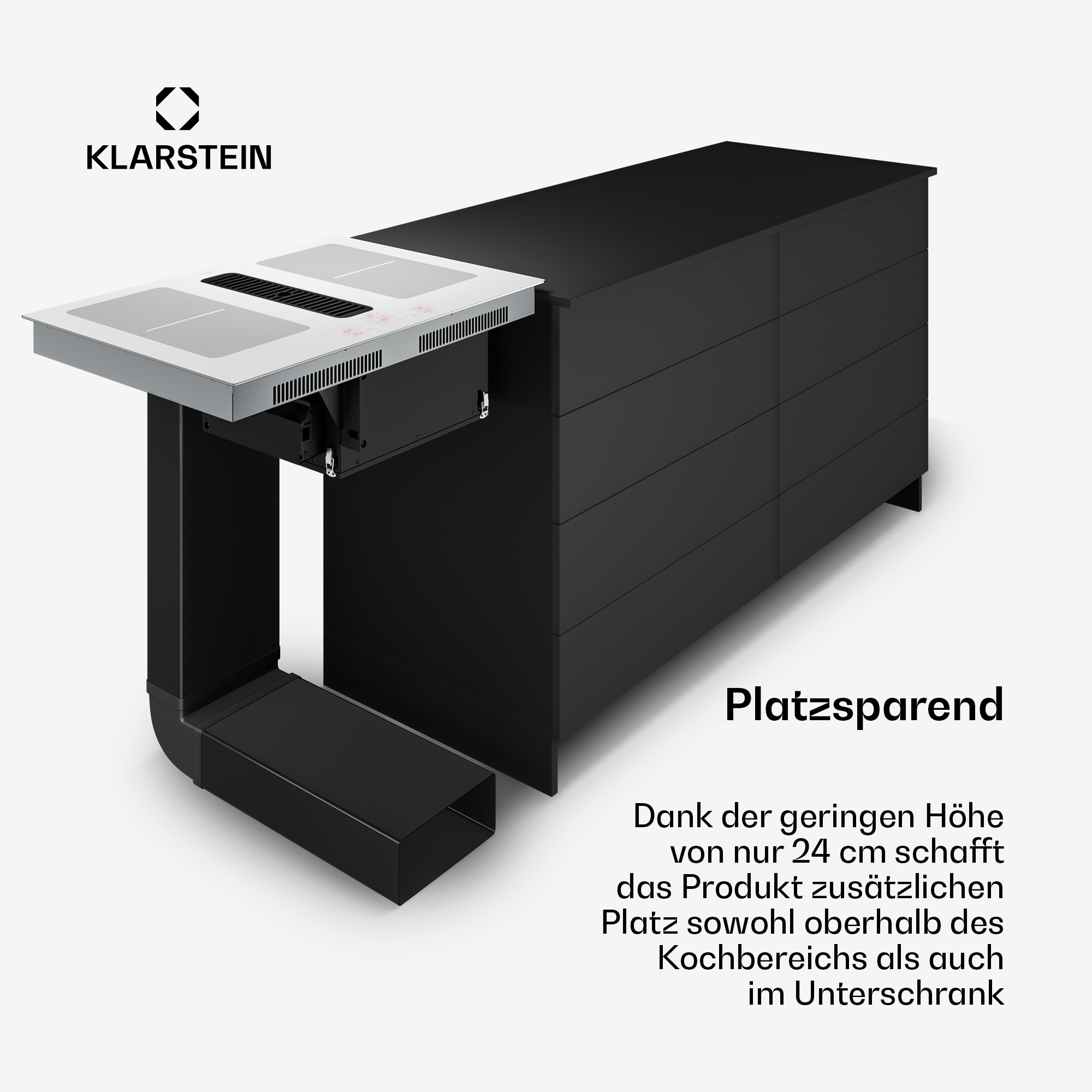 Klarstein Kochfeld mit integriertem Lüfter über einem schwarzen Unterschrank.