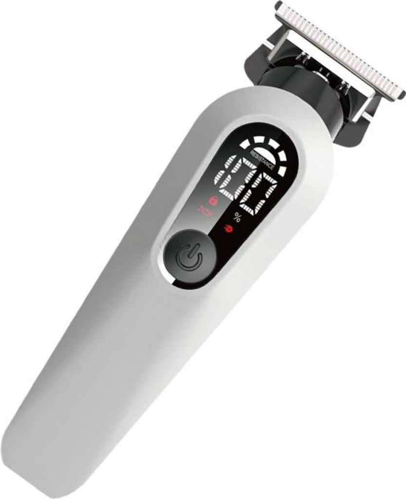 Ein weißer Haarschneider mit digitaler Anzeige und Einschaltknopf.