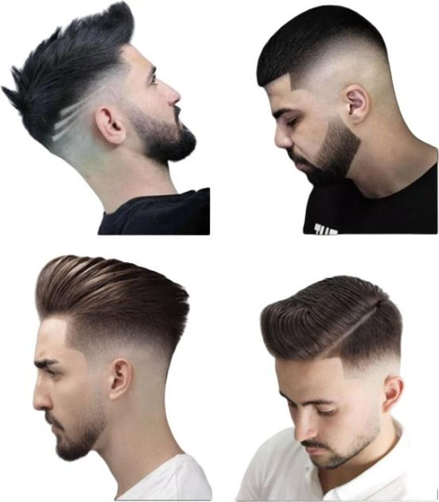 Vier Männer mit verschiedenen modernen Haarschnitten und Bartstilen.
