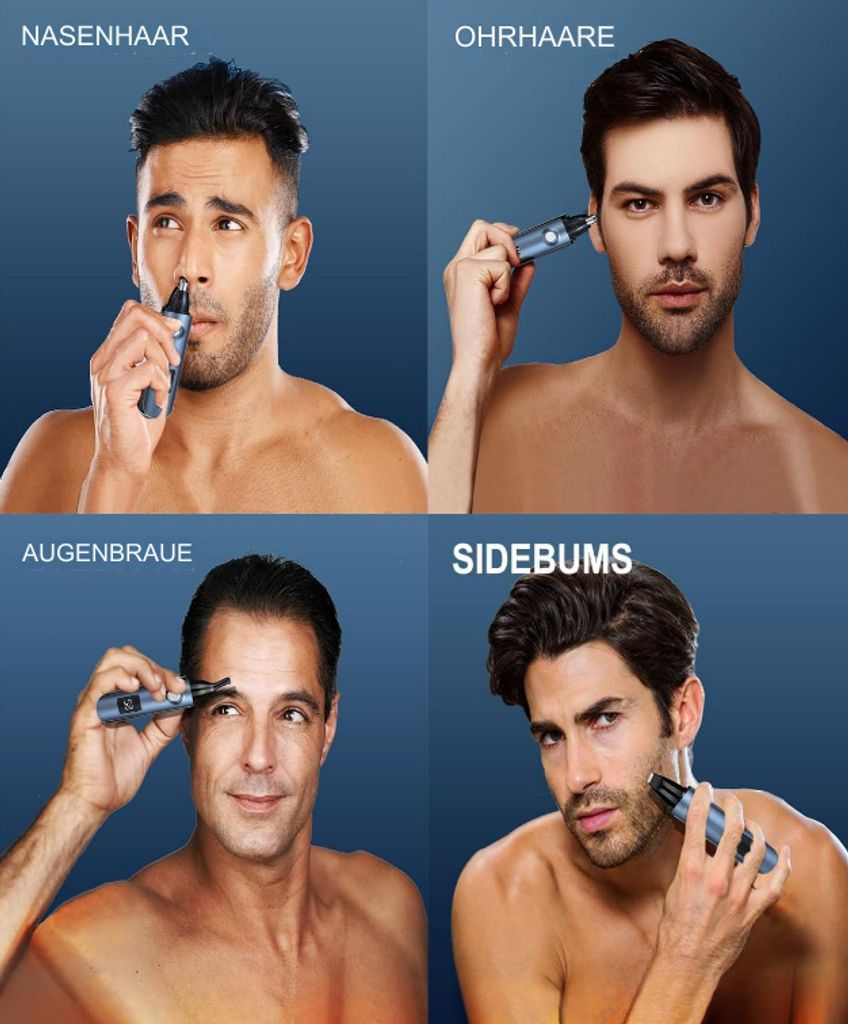 Vier Männer nutzen einen Trimmer für Nase, Ohr, Augenbrauen und Koteletten.