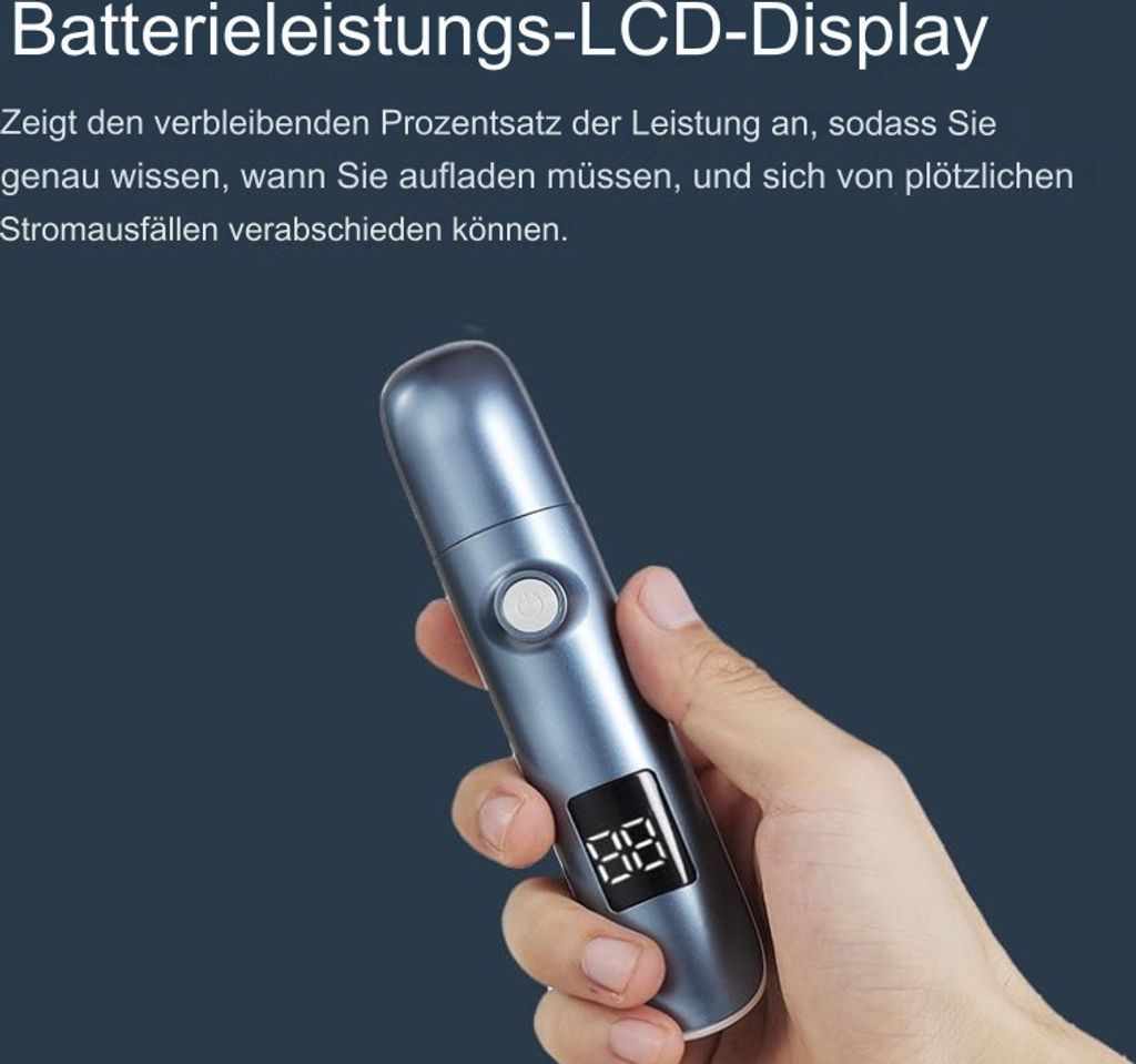 Blaue Batterieanzeige mit einem Kreisknopf, gehalten von einer Hand.