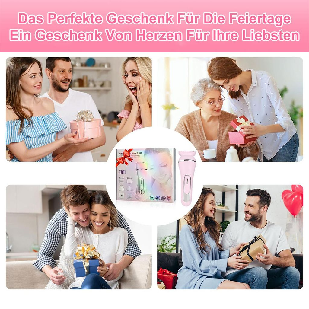 Collage von Menschen, die Geschenke erhalten und übergeben. Ein Beauty-Tool-Kit ist abgebildet.
