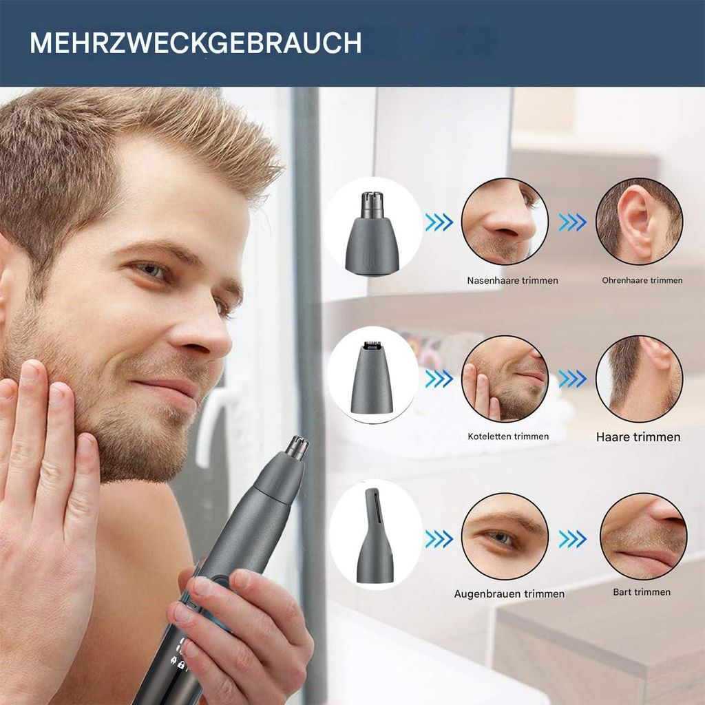 Ein Mann hält einen Trimmer. Mehrzweckgebrauch für Nase, Ohren, Koteletten, Augenbrauen, Bart.