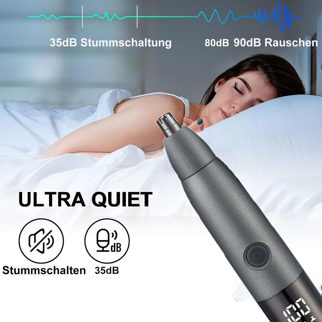 Eine Frau schläft im Bett, während ein Nasenhaartrimmer gezeigt wird.