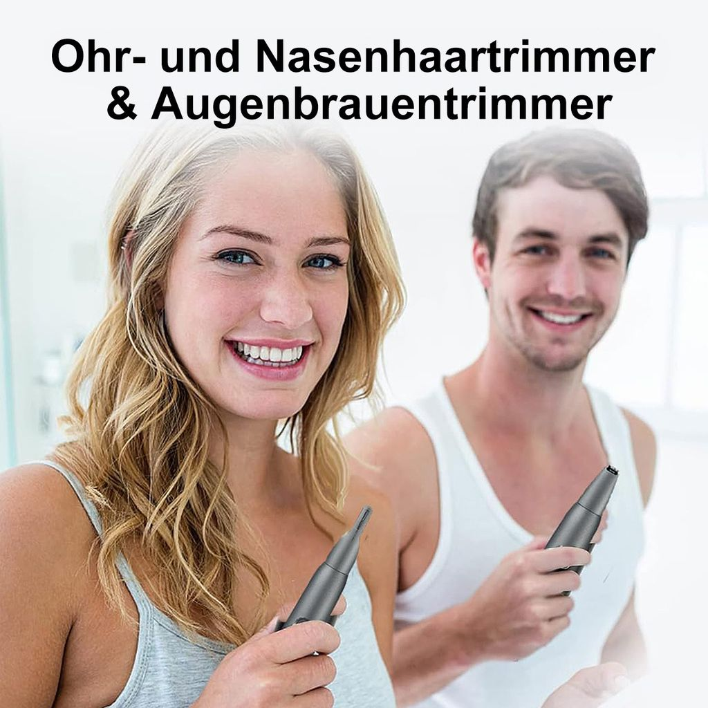 Mann und Frau lächeln und halten Haartrimmer. Heller Hintergrund.