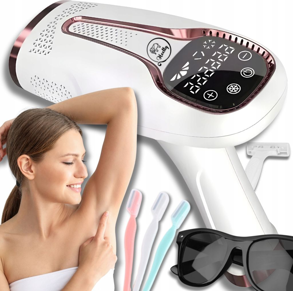 Frau mit Haarentfernungsgerät, Rasiermesser und Sonnenbrille.
