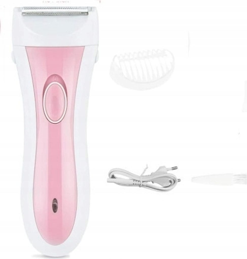 Ein weißer und pinker Epilierer mit Zubehör wie einem Kamm und einem Ladekabel.