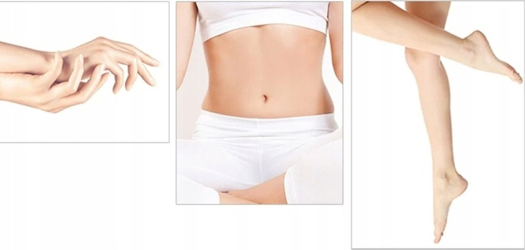 Hände, Bauch und Beine einer Frau in Weiß auf weißem Hintergrund.