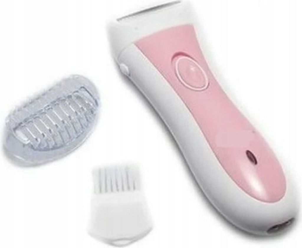 Pink-weißer elektrischer Epilierer mit abnehmbarer Bürste und Kappe auf Weiß.