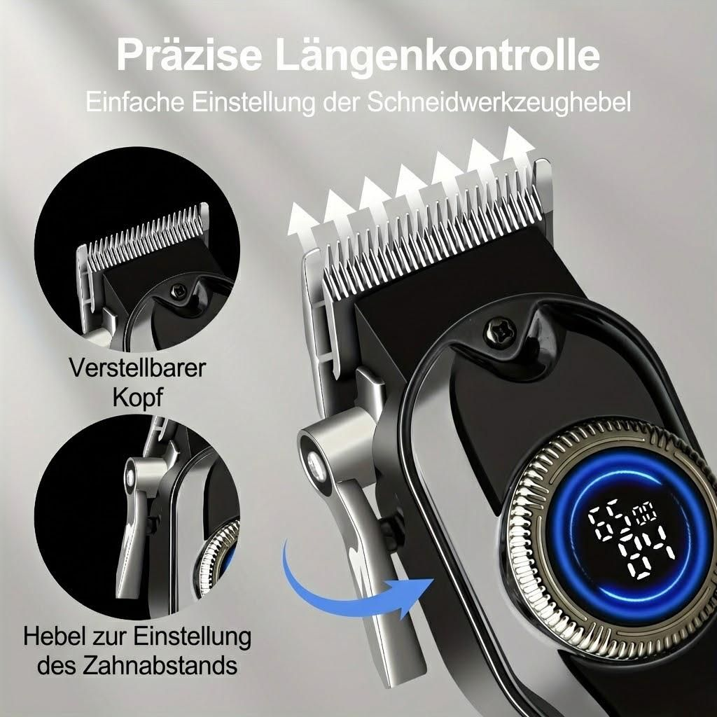 Nahaufnahme eines schwarzen Haarschneiders mit digitalen Längeneinstellungen und Hebeln.