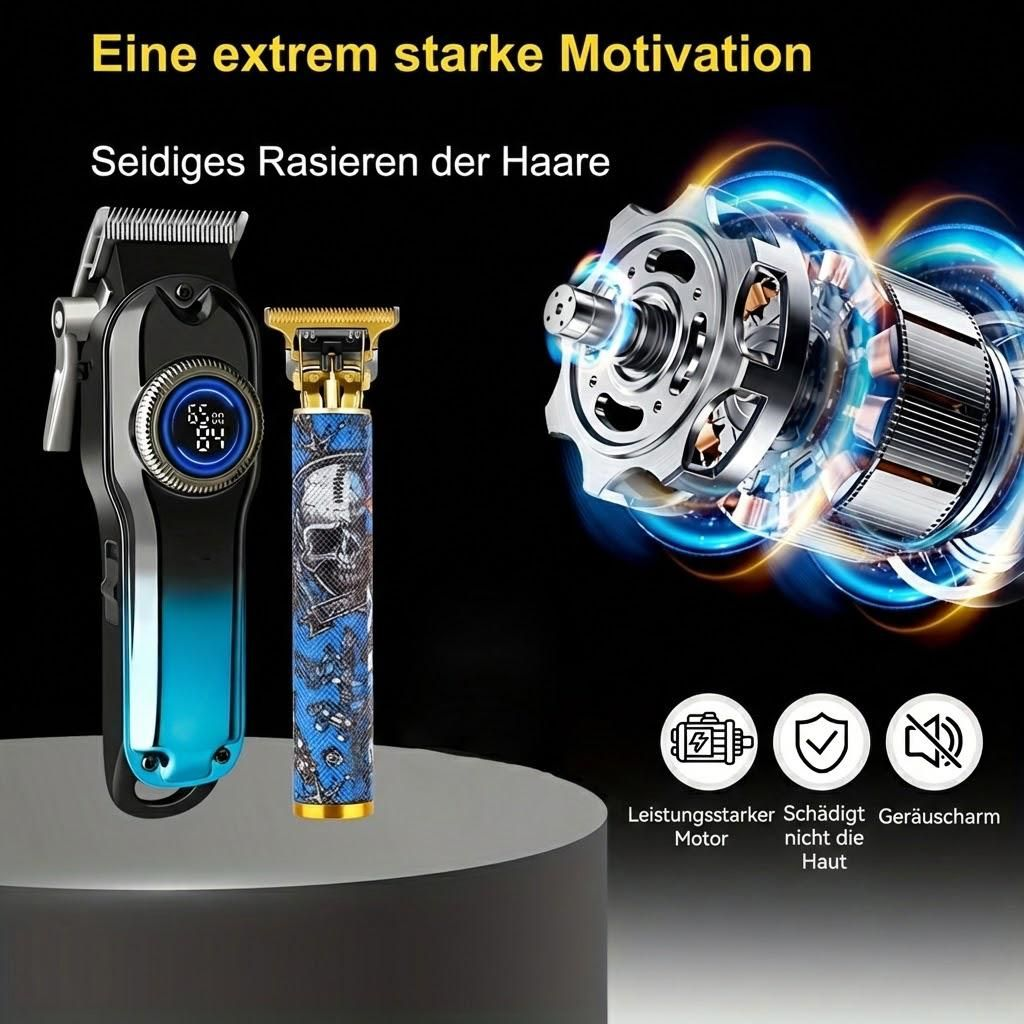 Zwei elektrische Haarschneider, ein Motor und Symbole für Leistung, Hautschutz und Geräuscharmut.