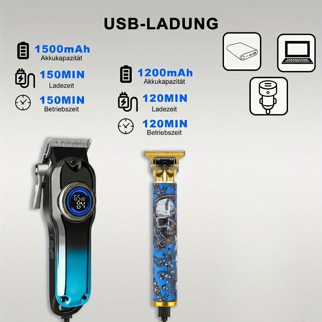 Zwei USB-Ladegeräte für Haarschneidemaschinen mit unterschiedlichen Akku- und Ladezeiten.