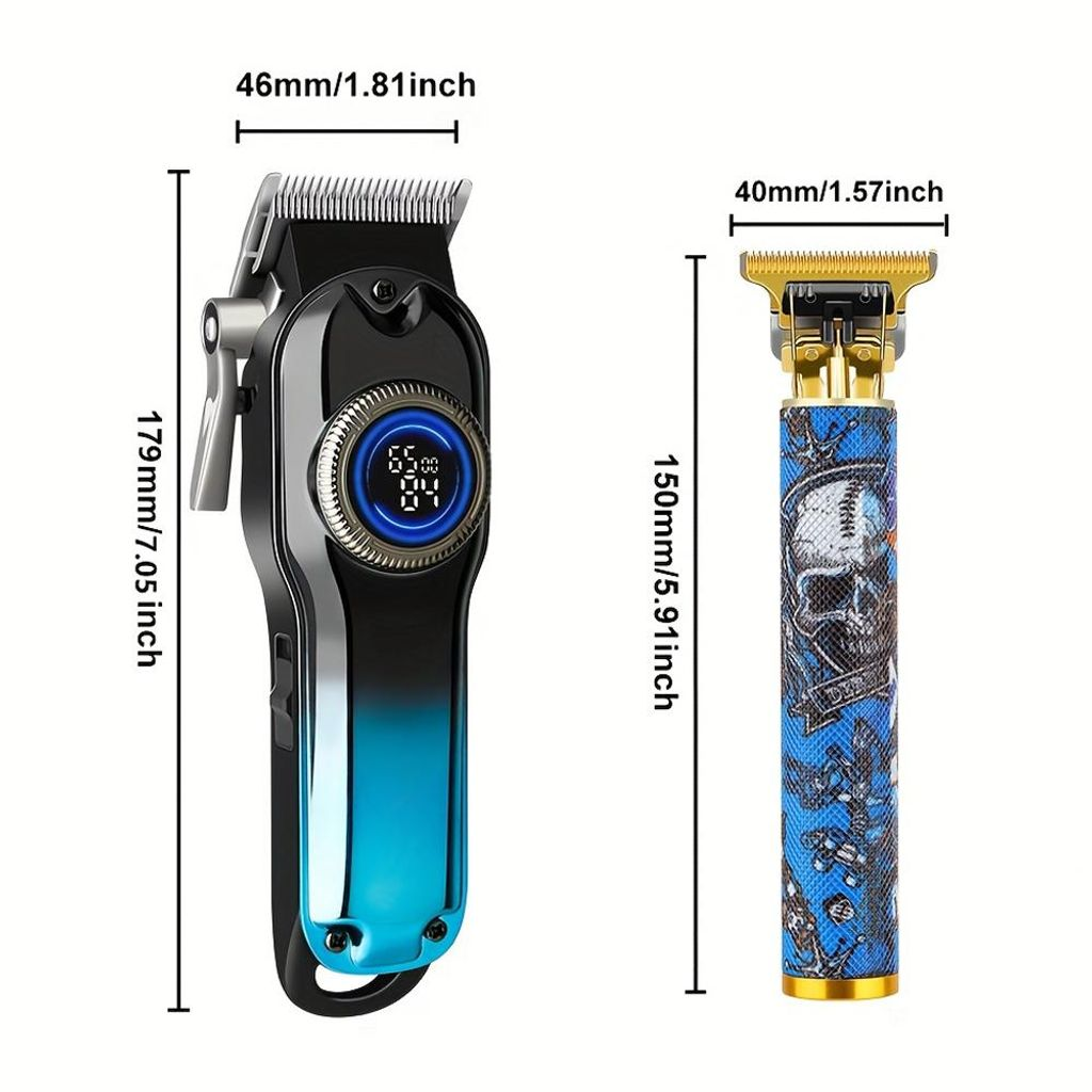 Zwei Haarschneidemaschinen. Eine schwarze mit blauem Farbverlauf und digitaler Anzeige. Eine blaue mit Totenkopf-Design.