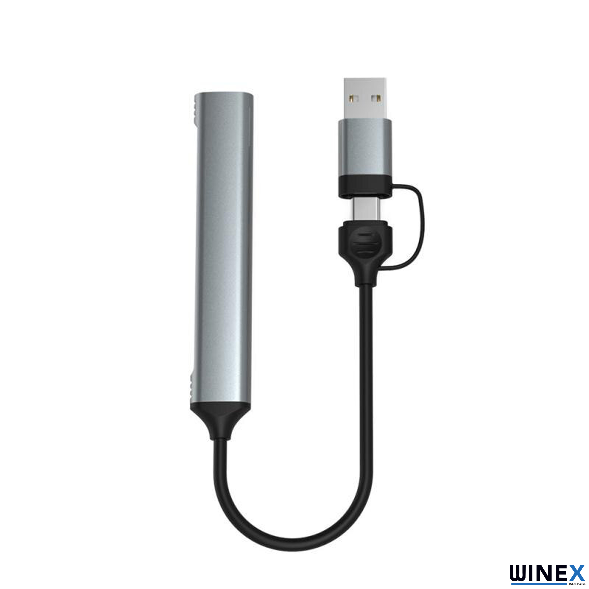 Gümüş renkli USB-A - USB-C adaptör kablosu, siyah kablolu.