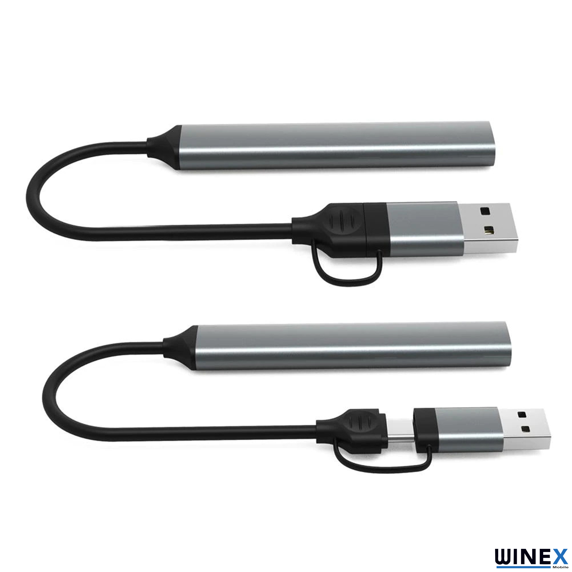 Siyah esnek kablolu ve siyah kapaklı iki gümüş USB adaptör kablosu.