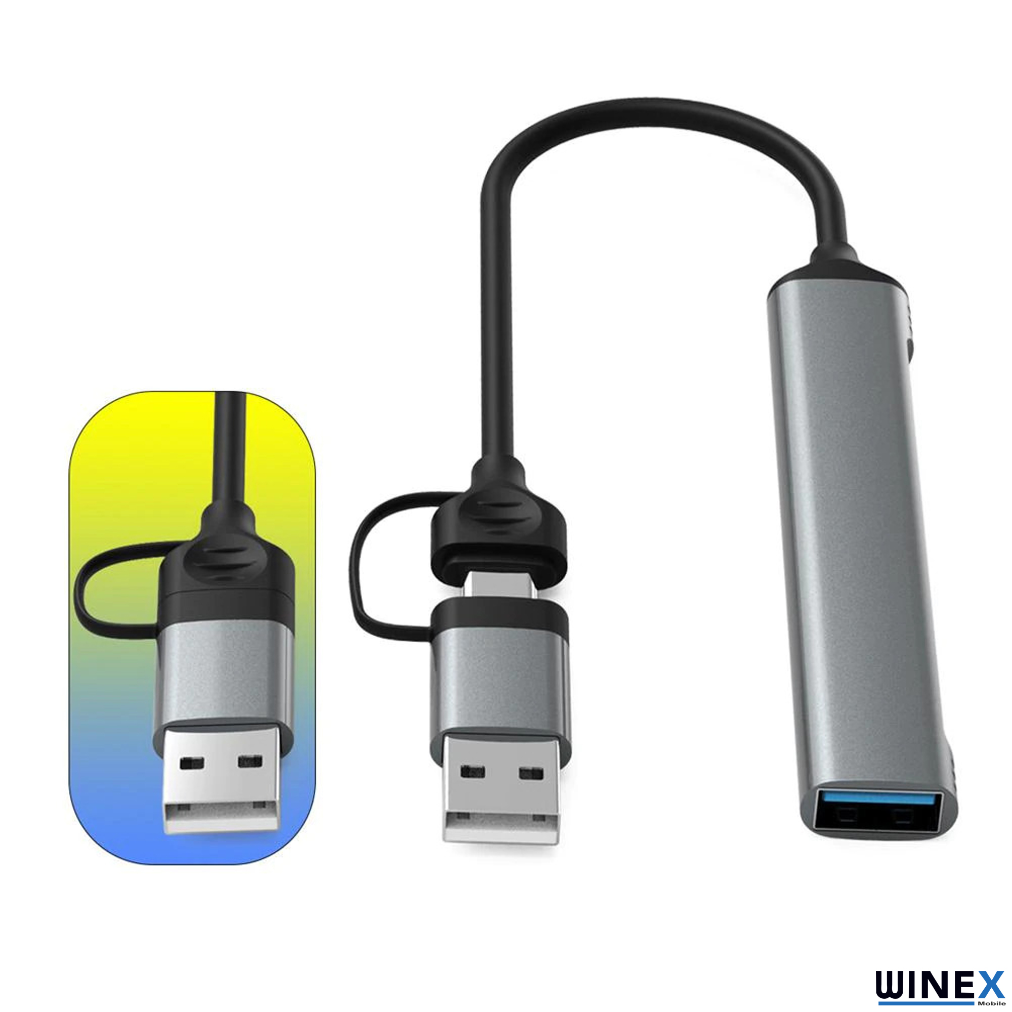 Tek USB-A bağlantı noktası ve kablosu olan gri USB-C adaptörü.