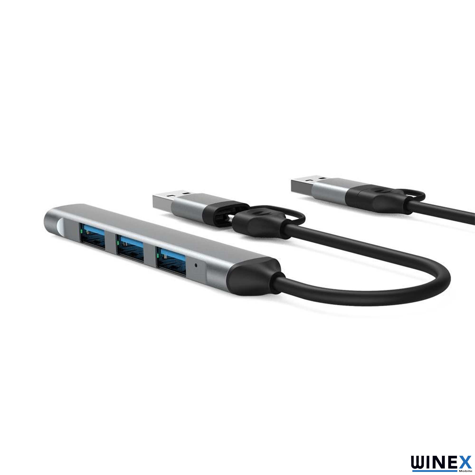 Dört bağlantı noktalı gümüş renkli USB hub ve iki USB kablosu.