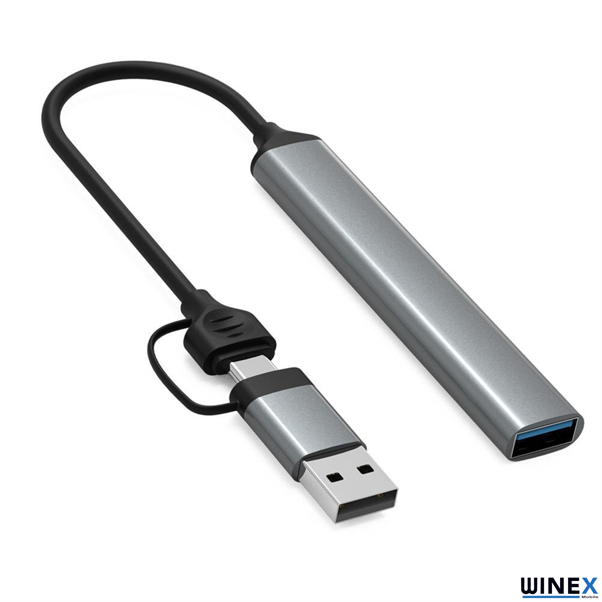 Gümüş USB-C adaptör, siyah kablo ve USB-A konektörlü.