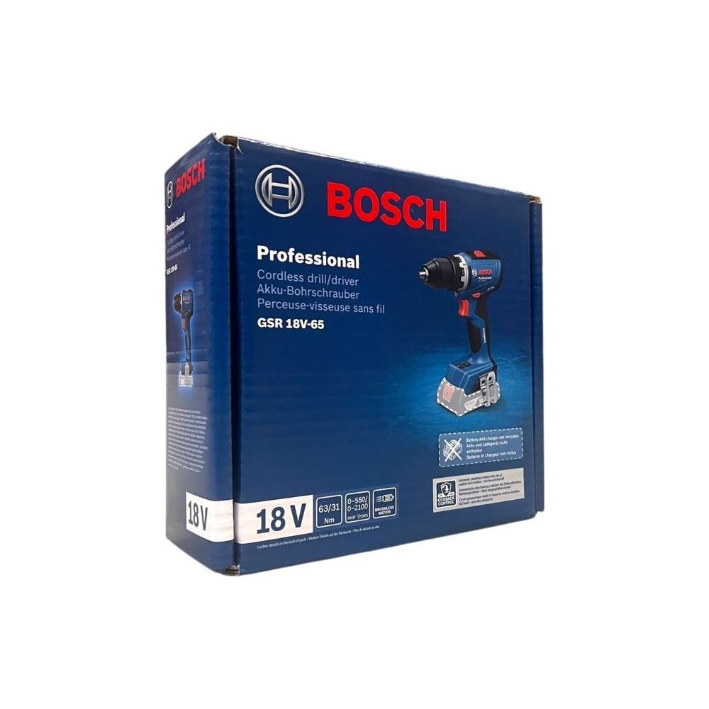 Verpackung eines blauen Bosch Akku-Bohrschraubers GSR 18V-65.