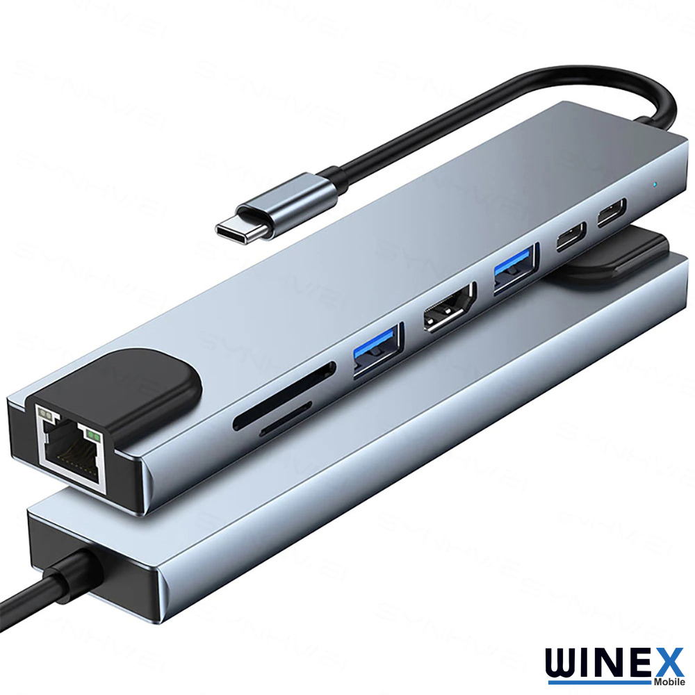 Ethernet, HDMI ve USB bağlantı noktalarına sahip gümüş renkli USB-C hub.
