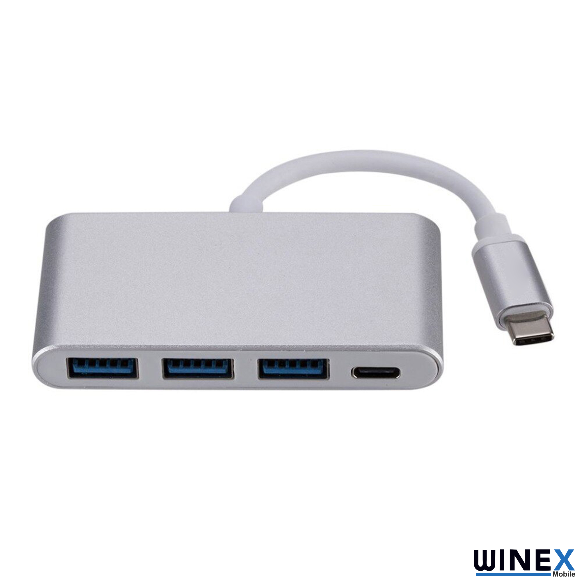 Üç USB bağlantı noktası ve bir şarj bağlantı noktasına sahip gümüş USB-C hub.