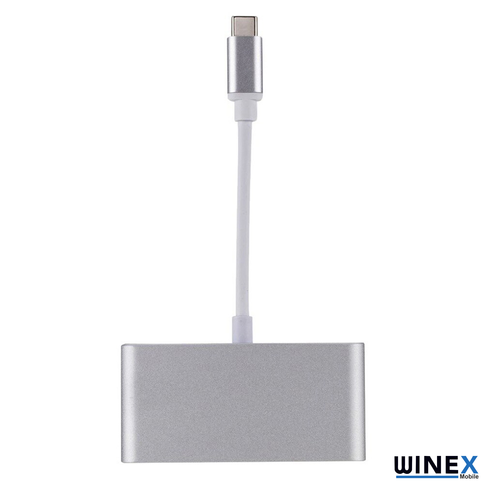 Gümüş USB-C adaptör, beyaz kablo ve USB-C konektörlü.