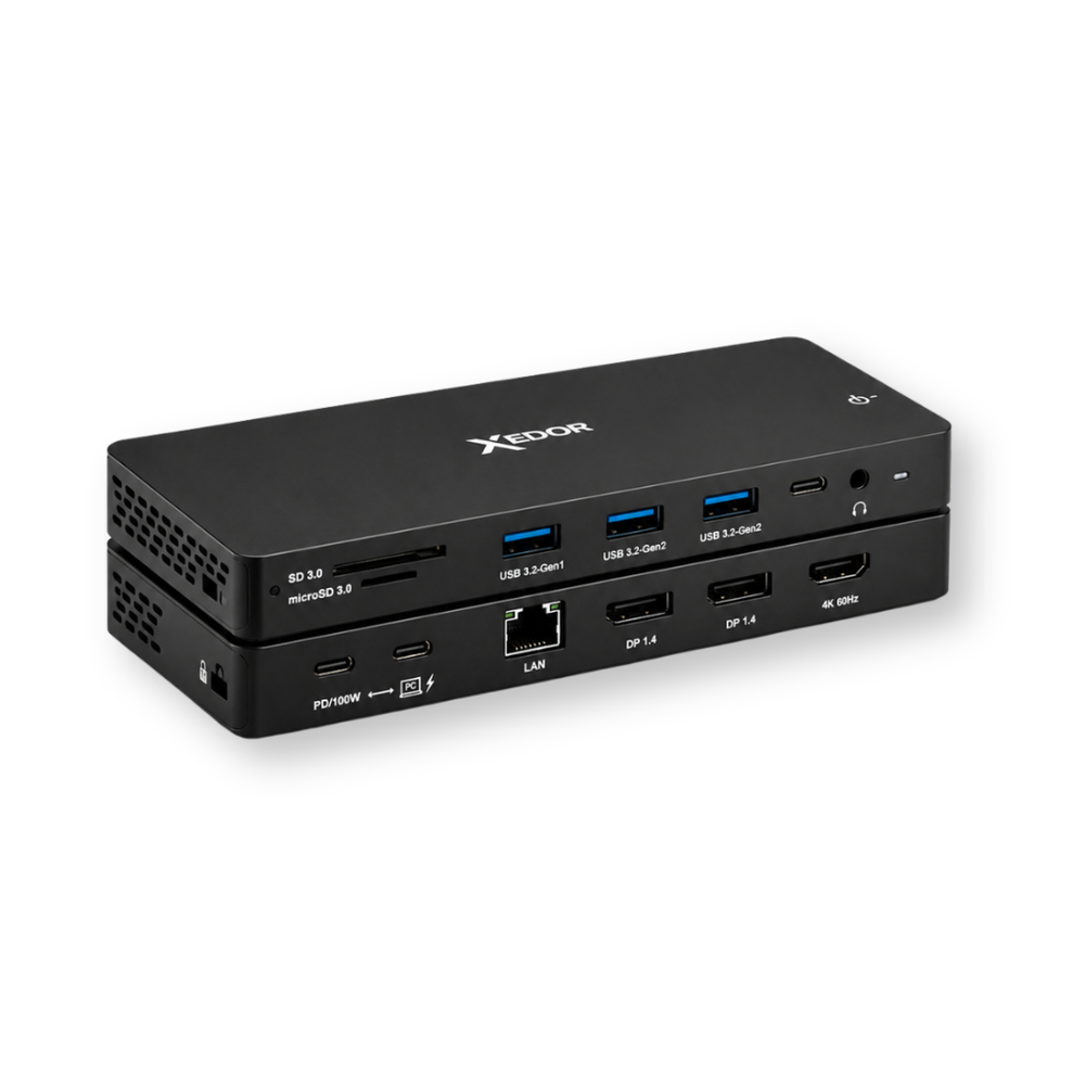 Zwart Xedor dockingstation met USB, SD, LAN en HDMI poorten.