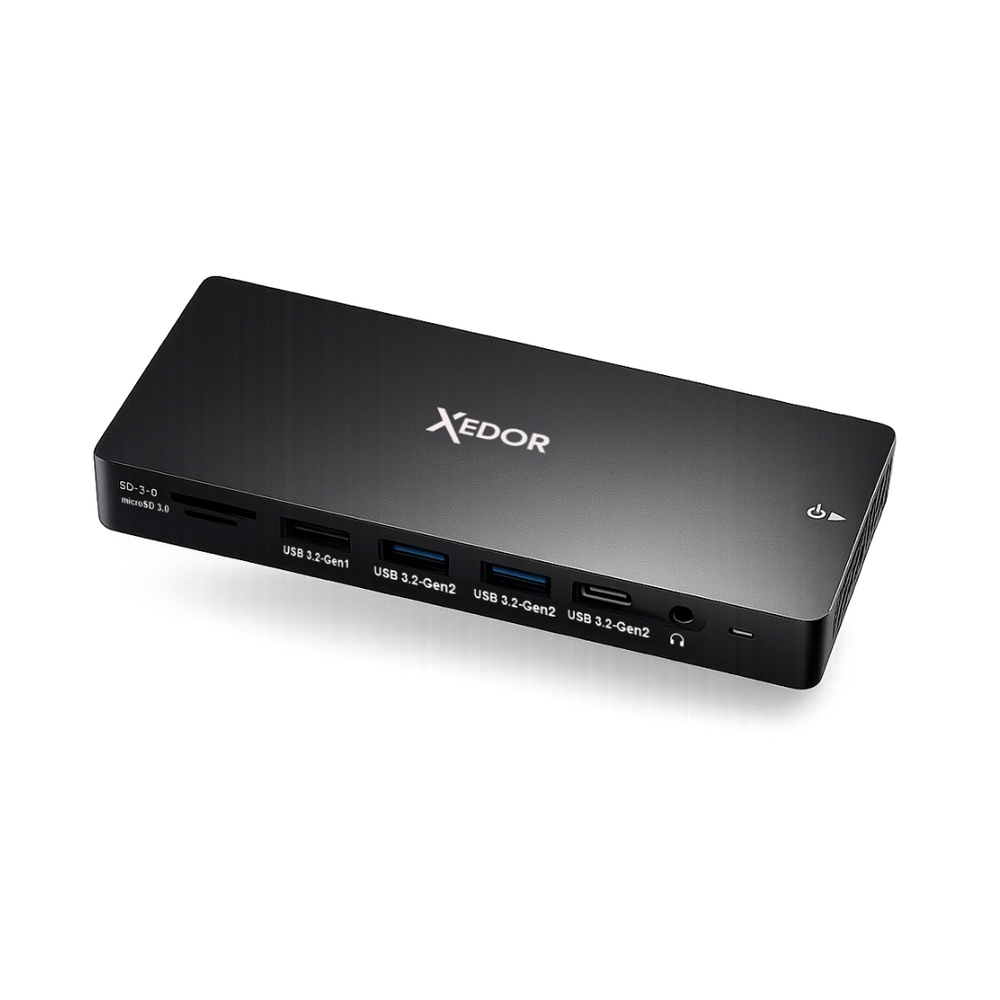 Zwarte Xedor USB-C hub met SD/microSD-sleuven en meerdere USB-poorten.