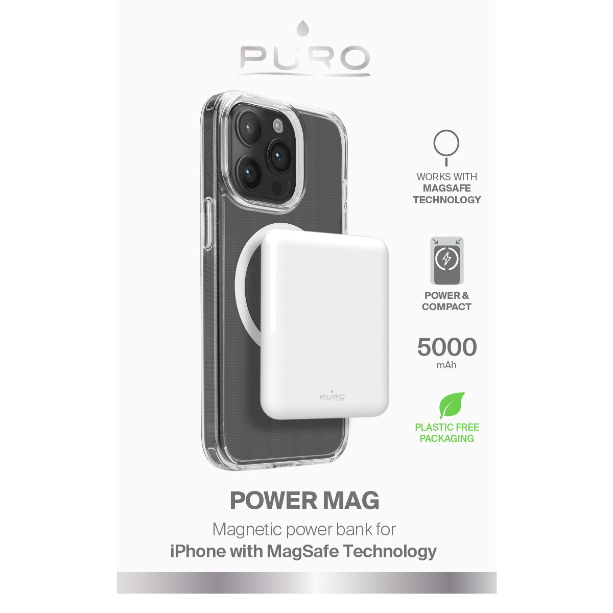 Ein weißer Magnetakku haftet an einem iPhone mit durchsichtiger Hülle. "PURO" Logo.
