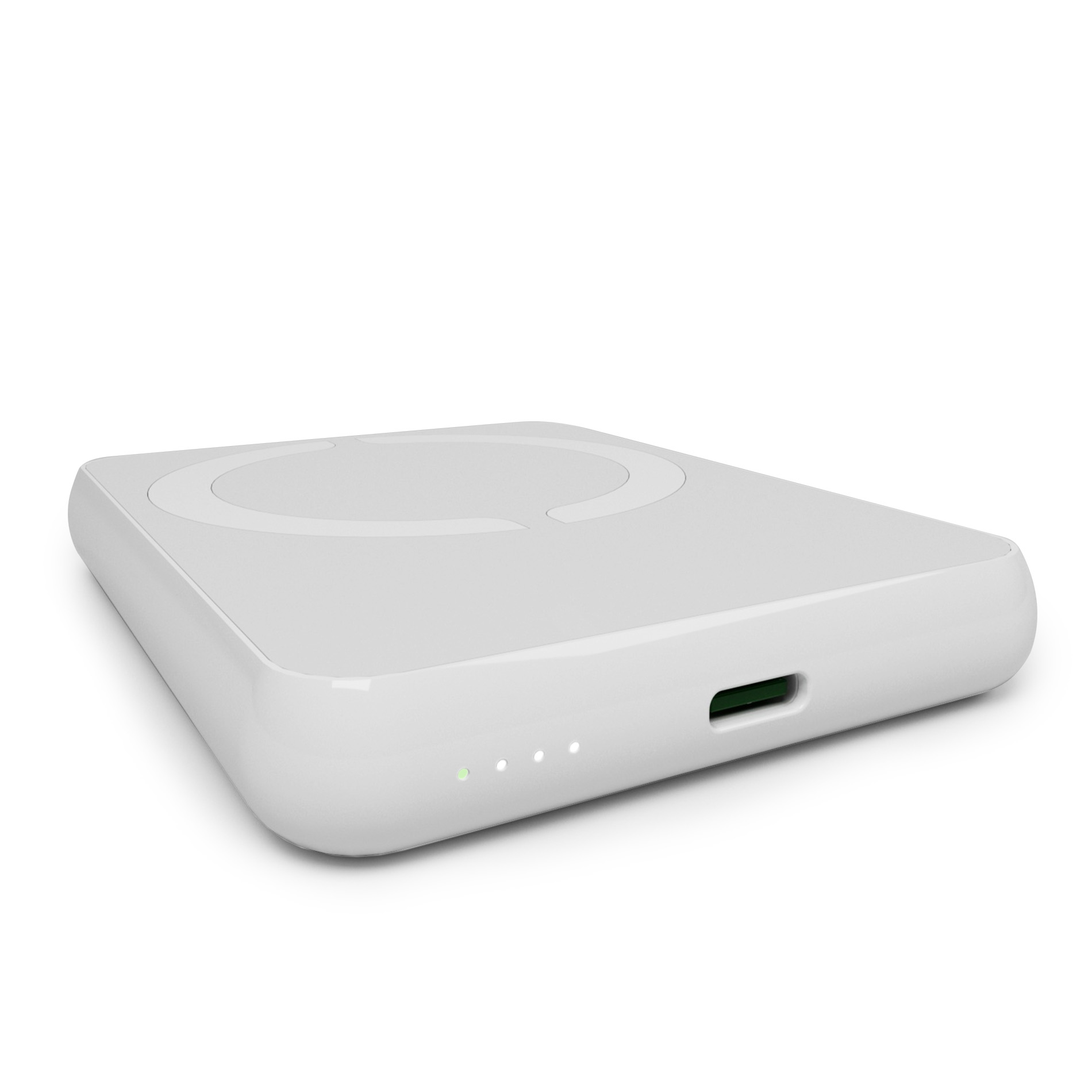 Ein weißes kabelloses Ladegerät mit USB-C-Anschluss und Ladeanzeigen.