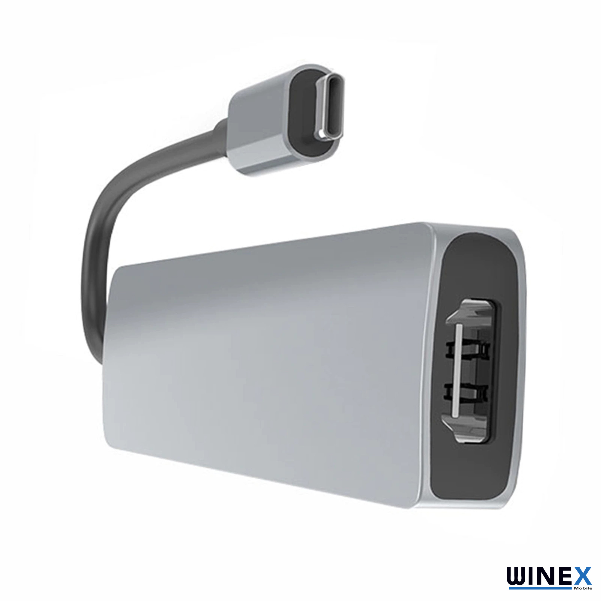 Gümüş USB-C adaptör, bir USB-A bağlantı noktası ve bir USB-C fişi.