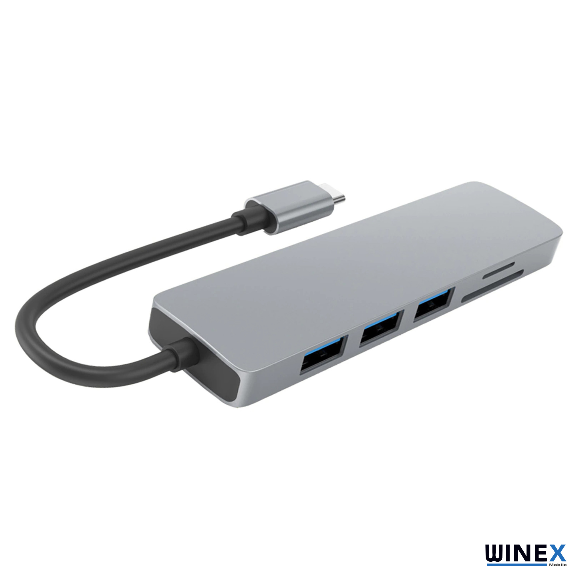 Üç USB bağlantı noktalı ve kart okuyuculu gri USB-C hub.