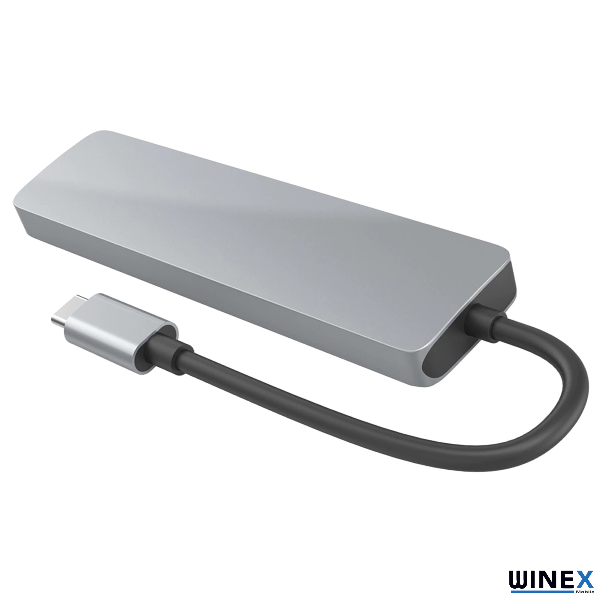 Gümüş renkli USB-C hub, siyah kablo ve konektörlü.