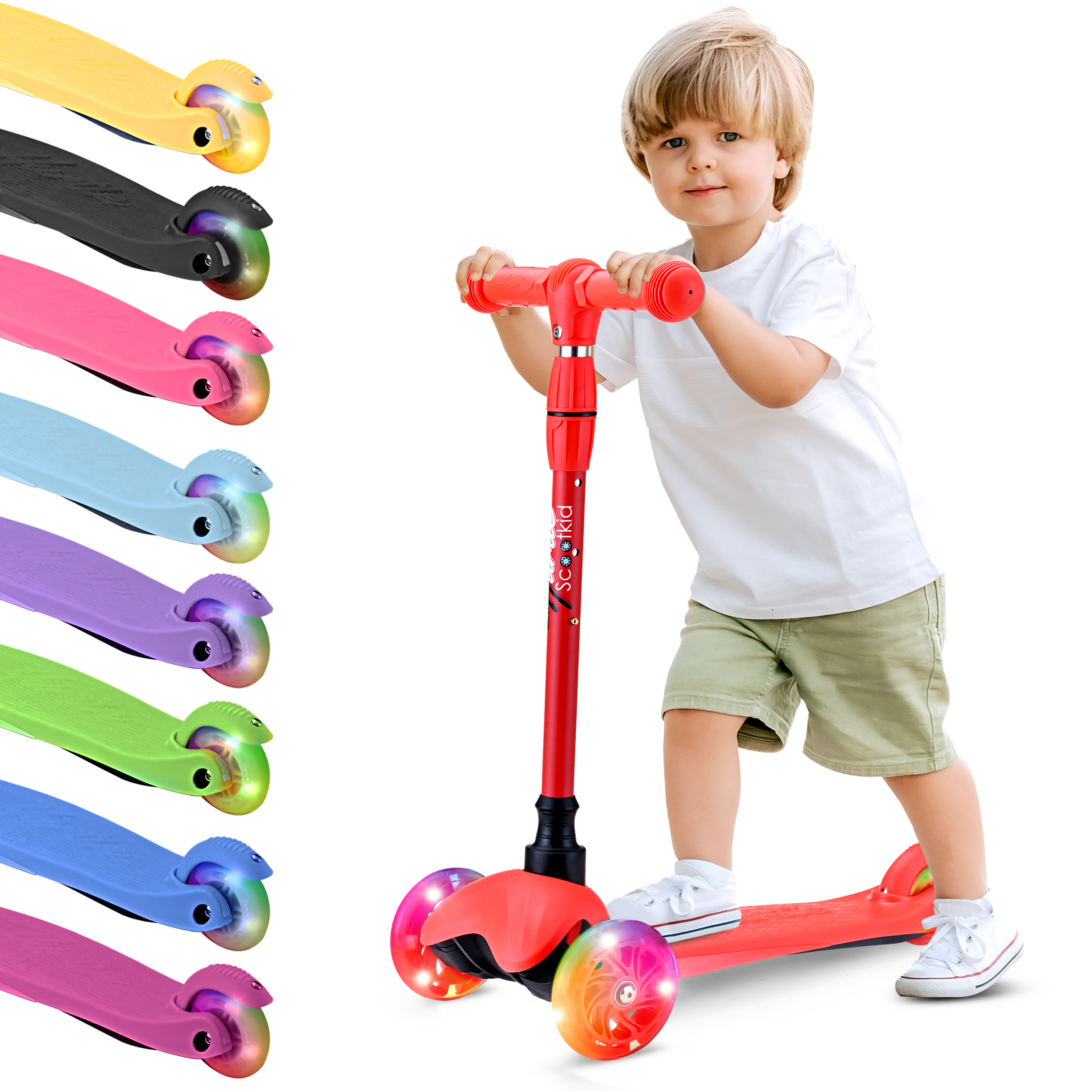 Ein Junge steht auf einem roten Roller mit leuchtenden Rädern. Daneben sind Roller in vielen Farben.