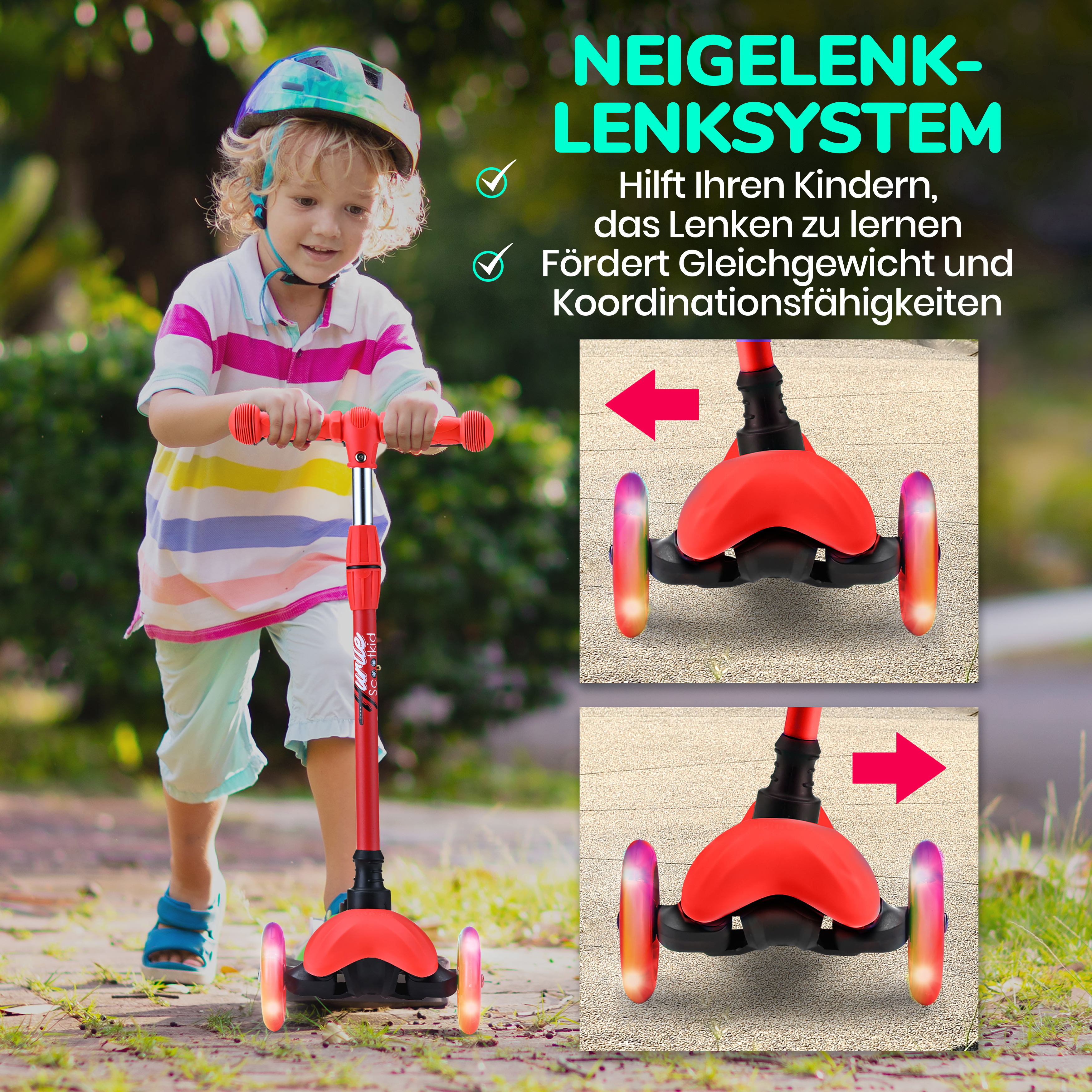 Junge auf rotem Roller mit blinkenden Rädern und Helm im Freien.