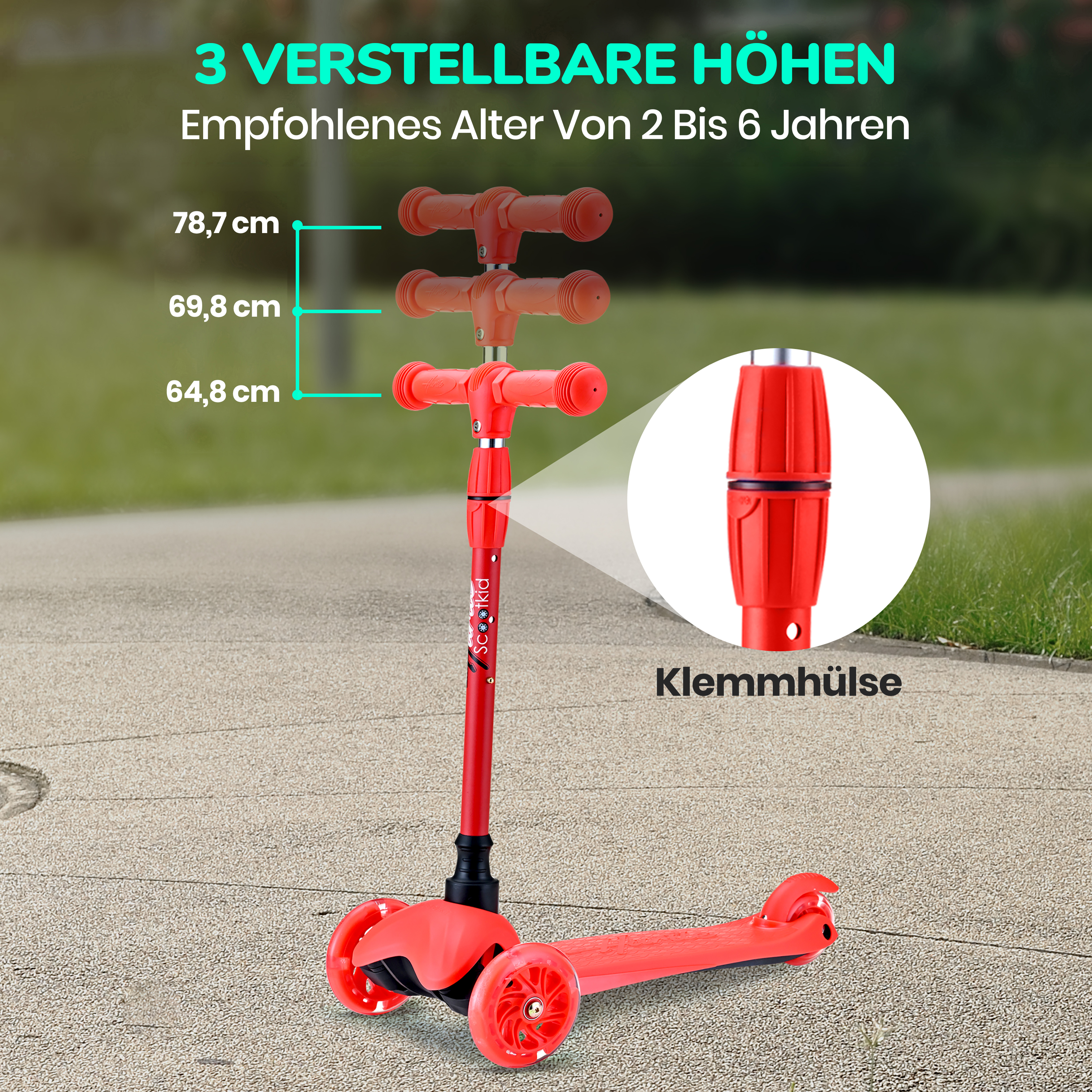 Ein roter Kinderroller mit drei Rädern und verstellbarer Höhe im Freien.