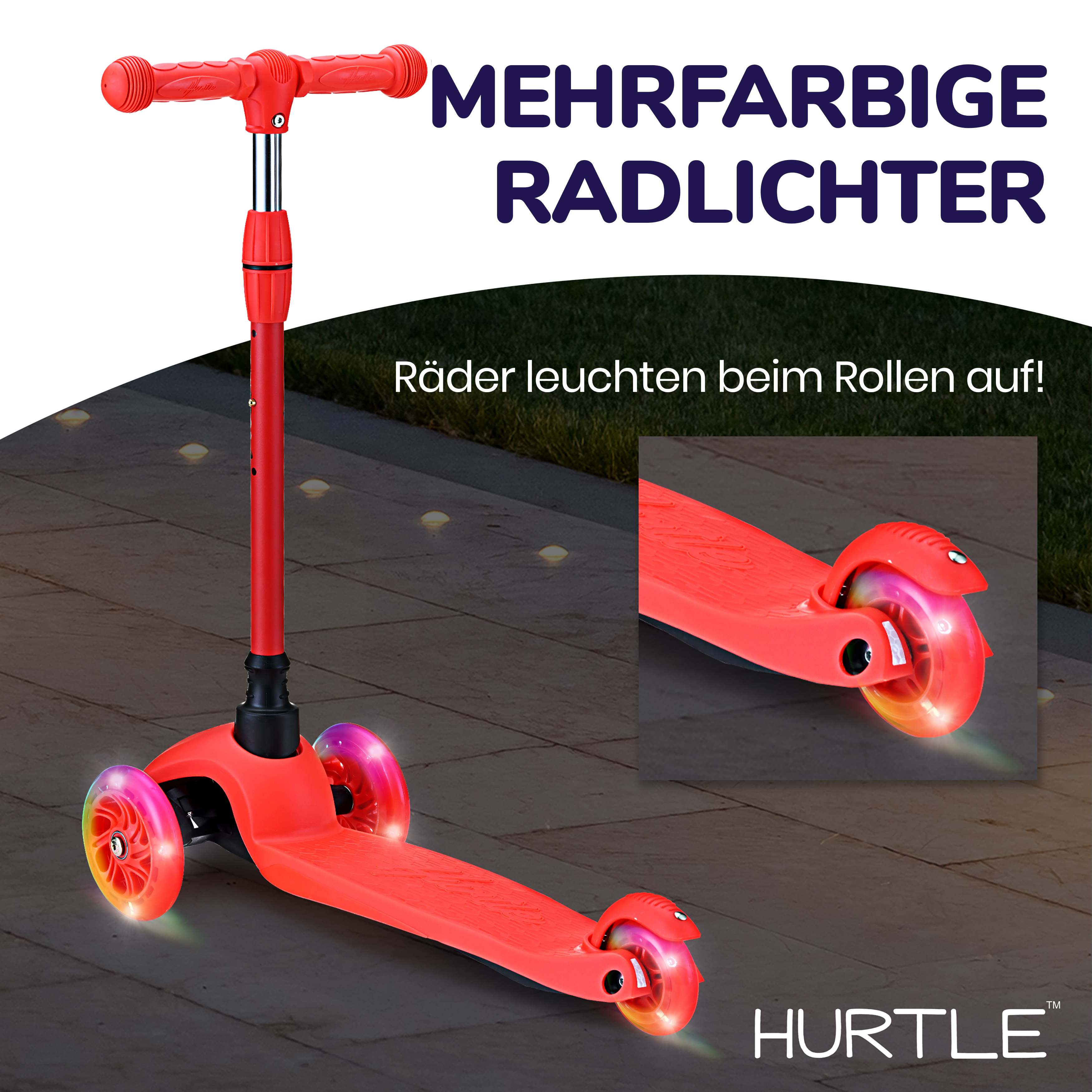 Ein roter Roller mit bunten Lichtern in den Rädern auf einem Gehweg.