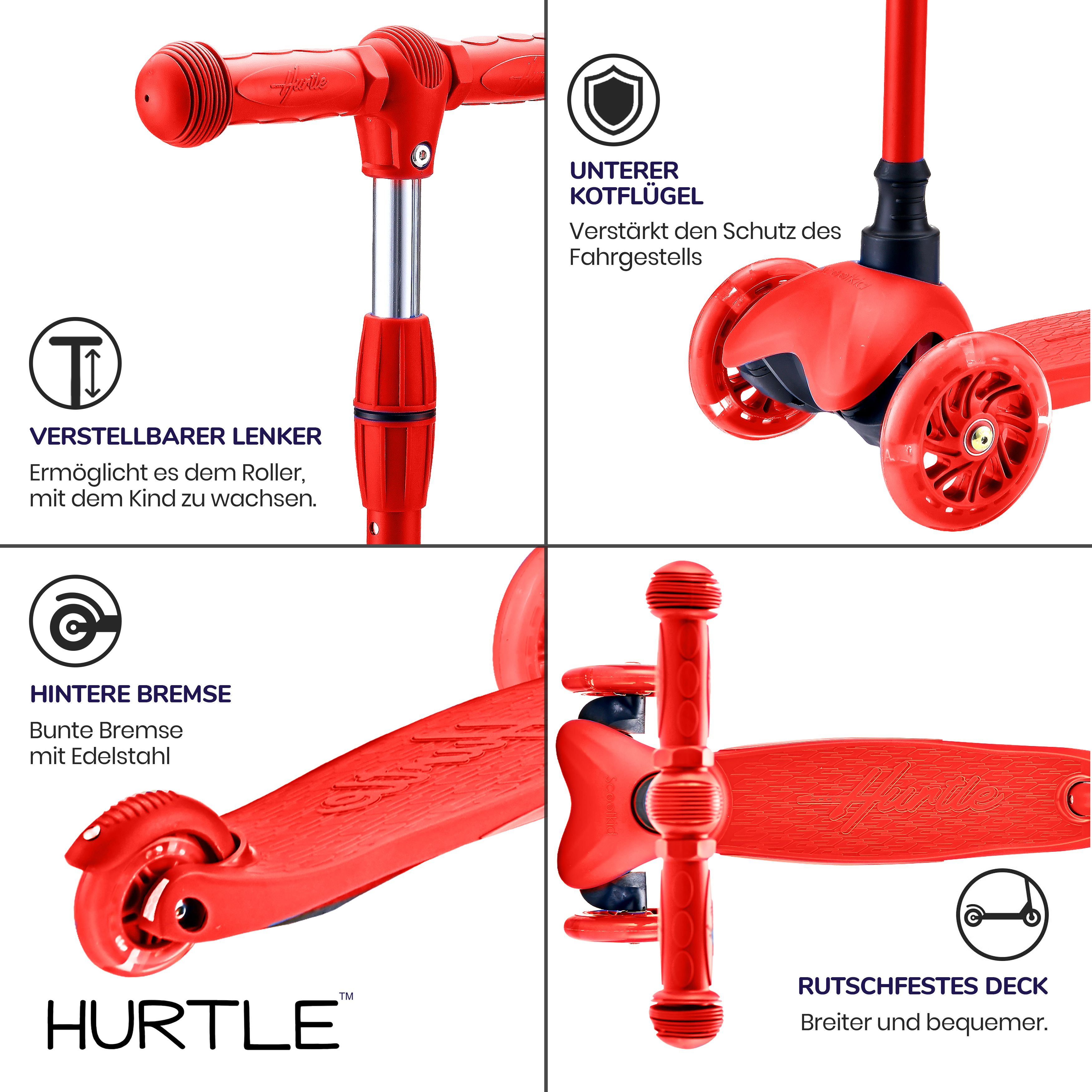 Roter Roller mit verstellbarem Lenker, Hinterradbremse und rutschfestem Deck.