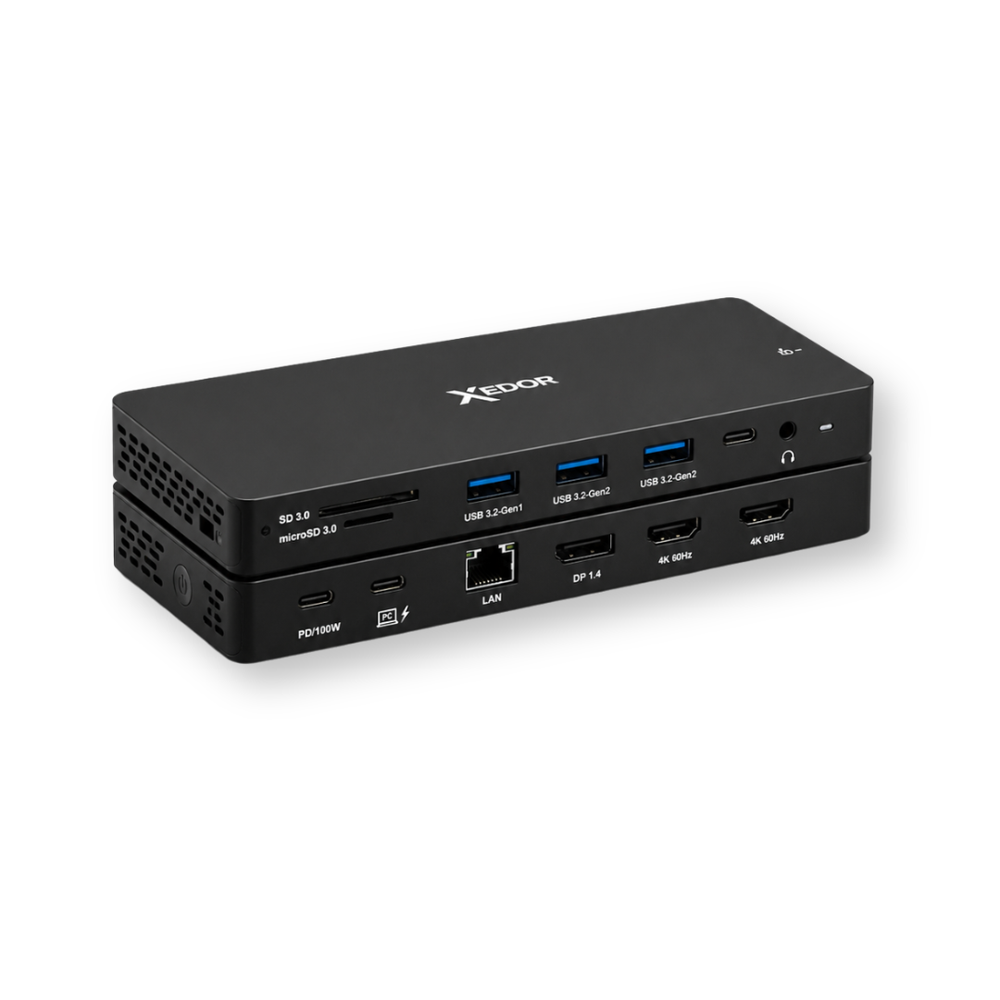 Black Xedor docking station with SD, microSD, USB, and LAN ports.