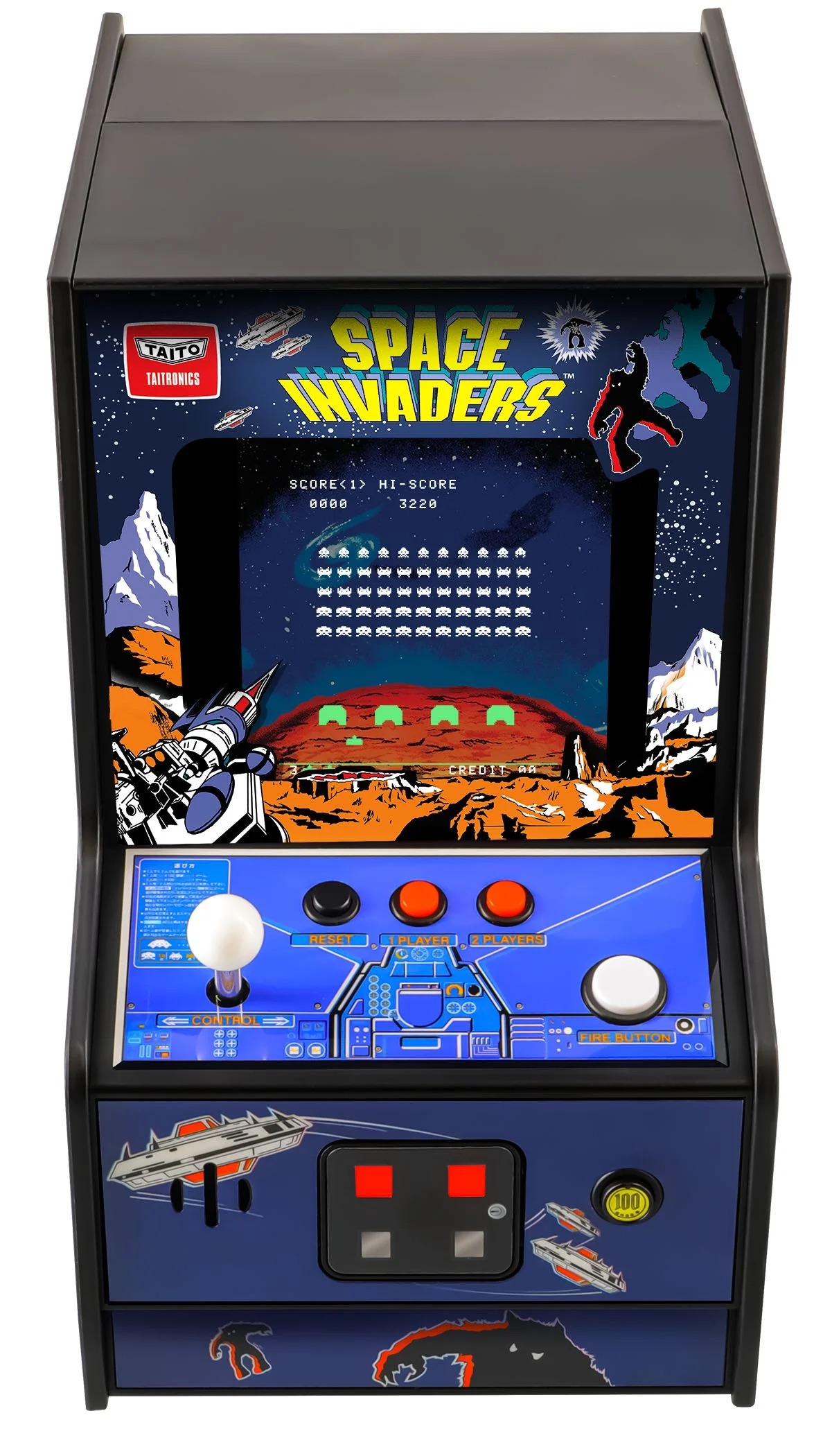 Space Invaders Arcade-Automat mit Joystick, Knöpfen und Spielbildschirm.