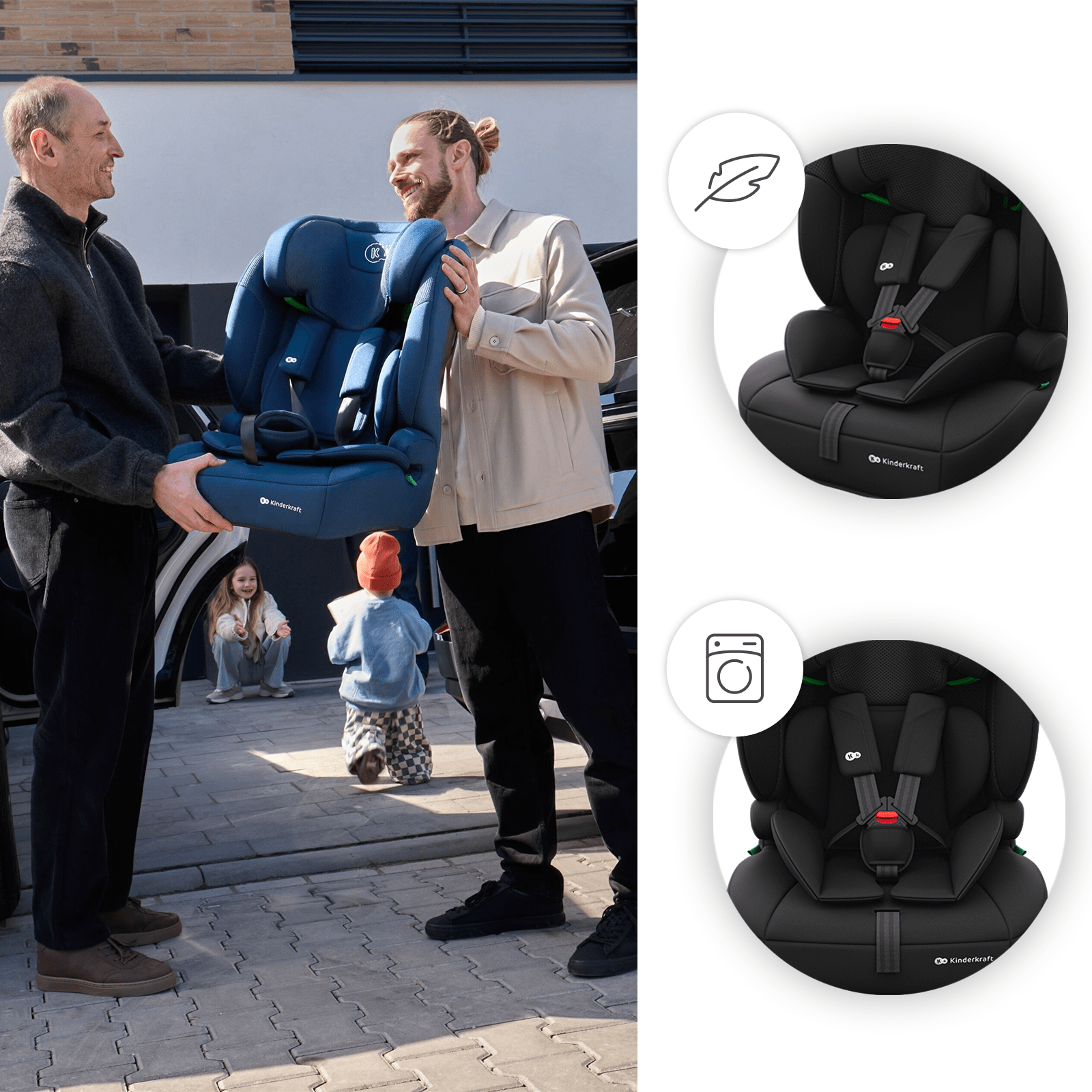 Zwei Männer tragen einen blauen Kindersitz neben einem Auto, Kinder im Hintergrund.