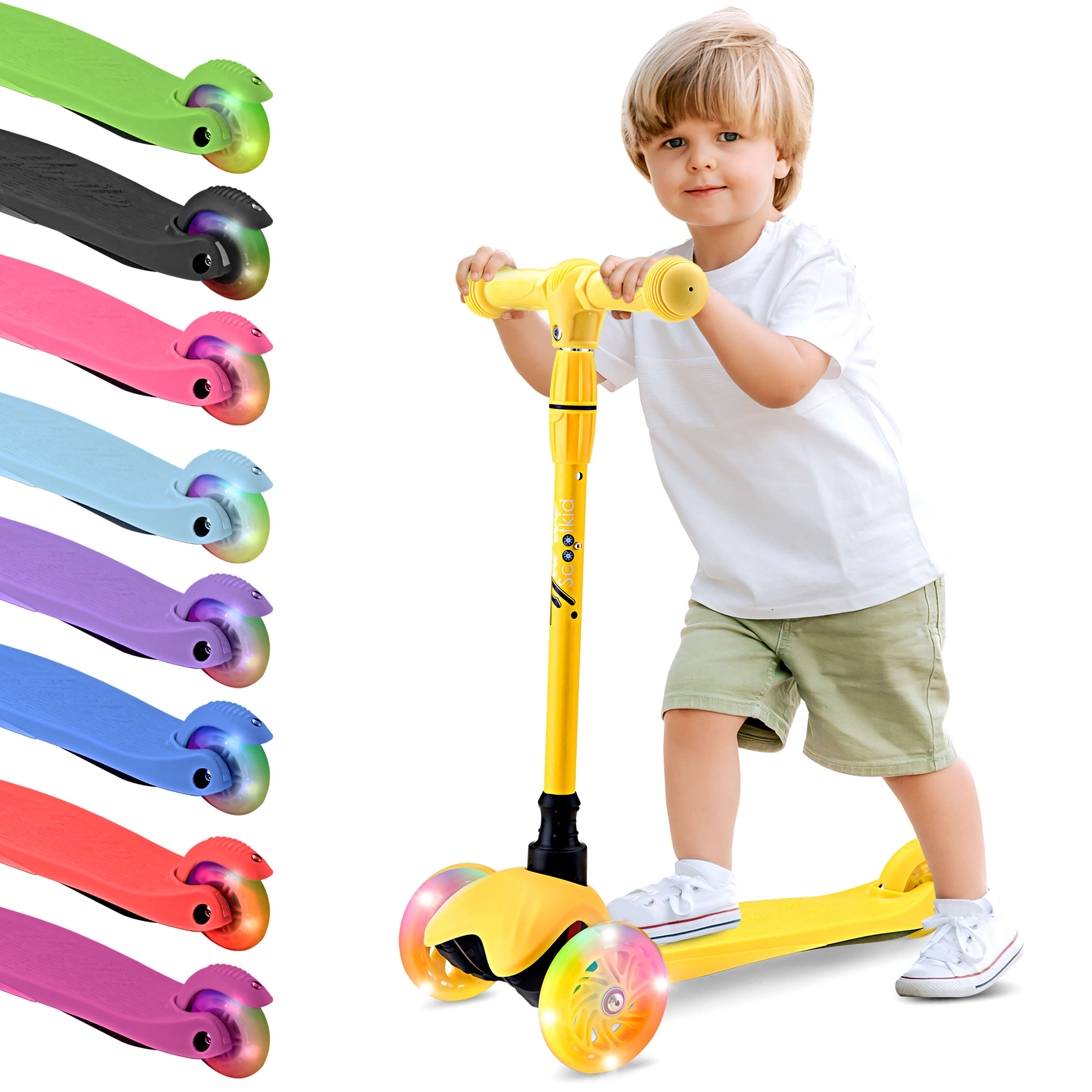 Ein Junge mit blonden Haaren fährt einen gelben 3-Rad-Scooter mit leuchtenden Rädern.