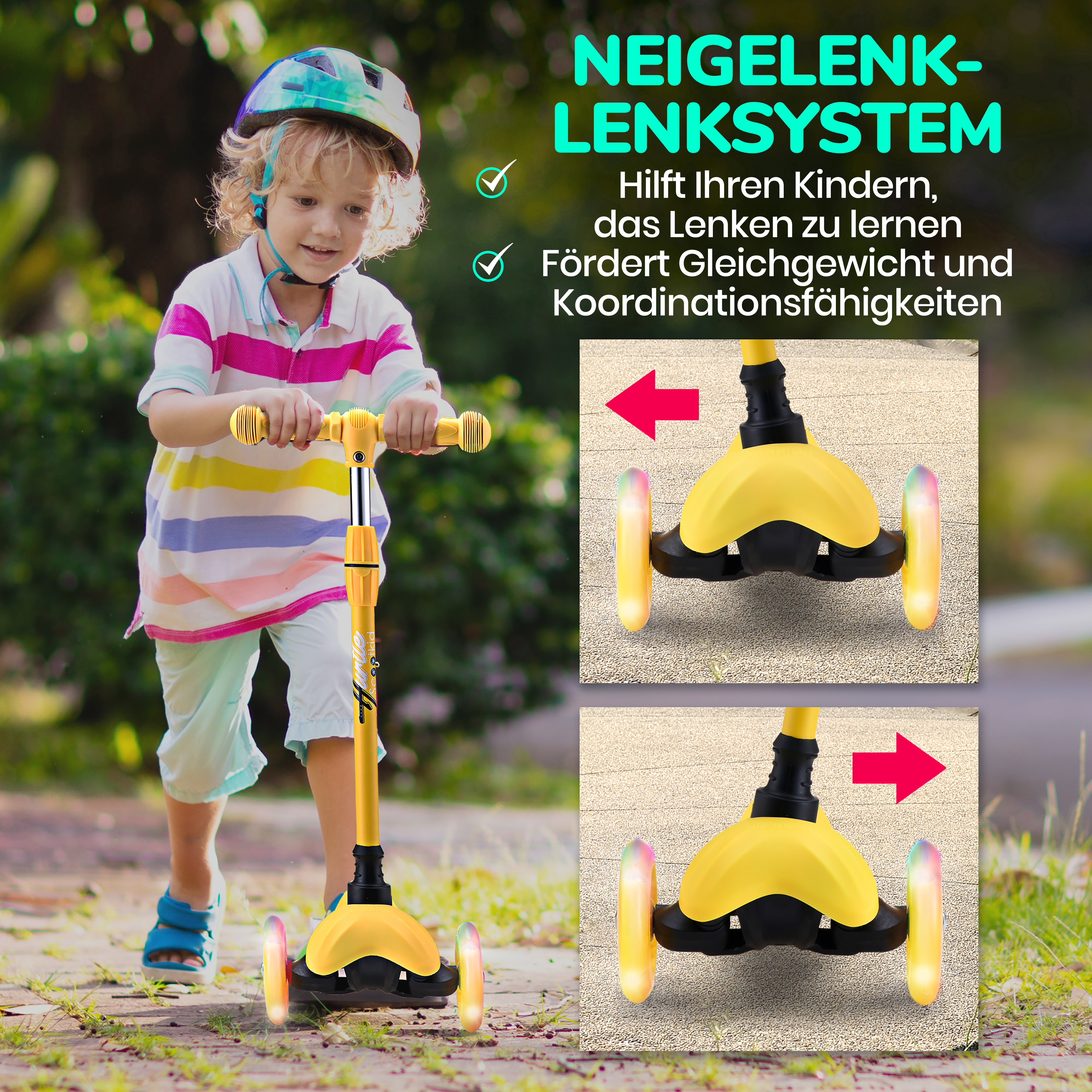 Ein Kind fährt einen gelben Roller mit leuchtenden Rädern im Freien.