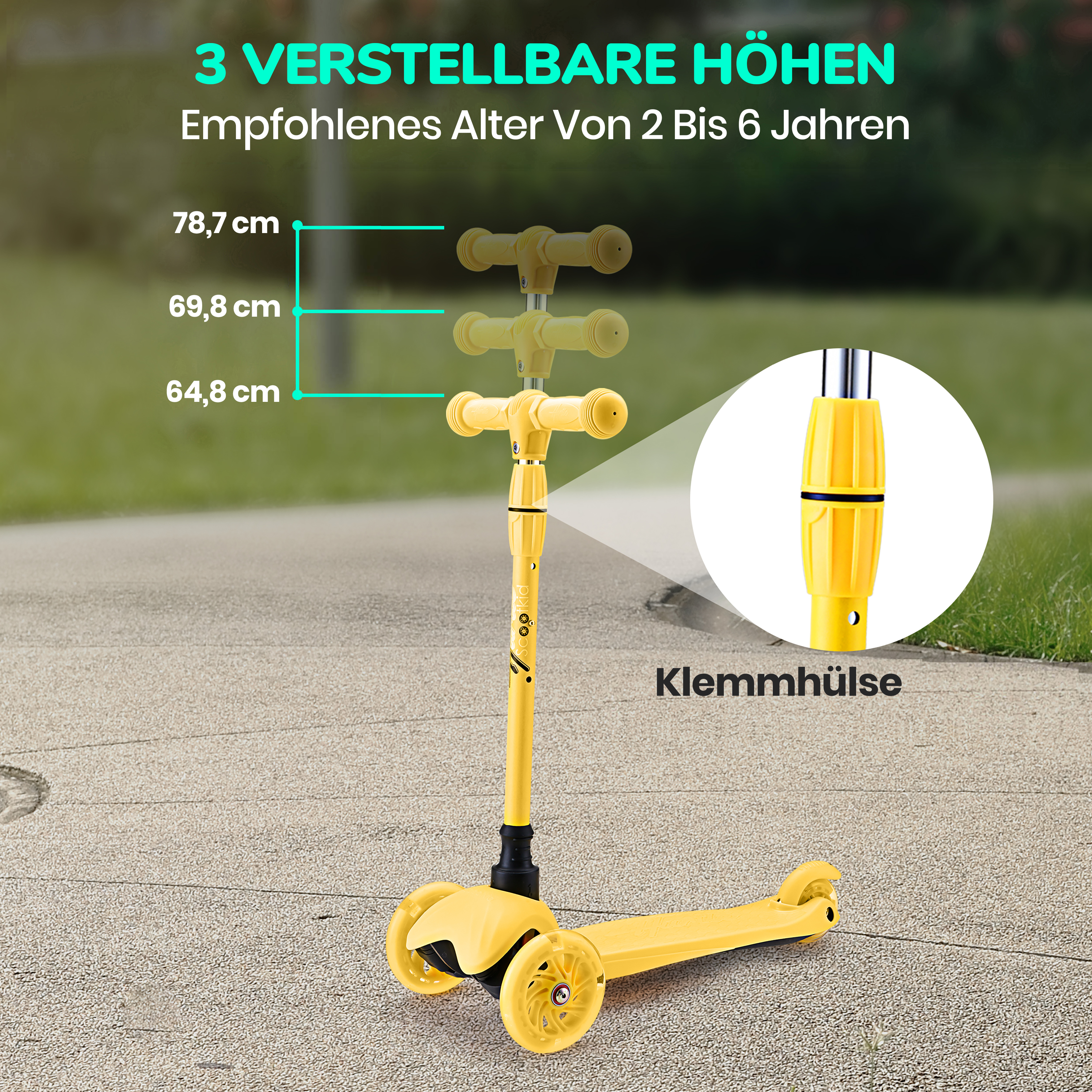 Ein gelber Dreirad-Roller mit verstellbarer Höhe für Kinder von 2-6 Jahren.