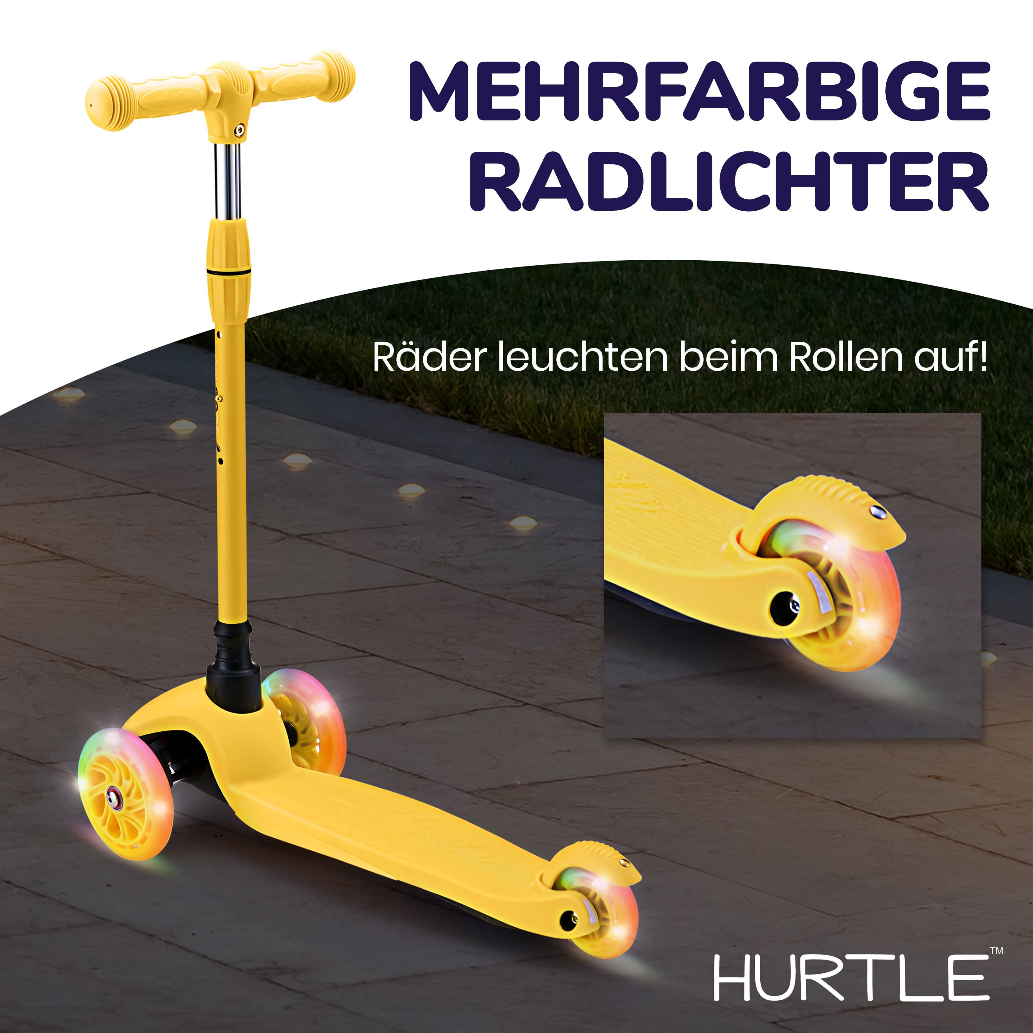 Ein gelber Roller mit bunten Lichtern in den Rädern steht auf einem gepflasterten Weg.